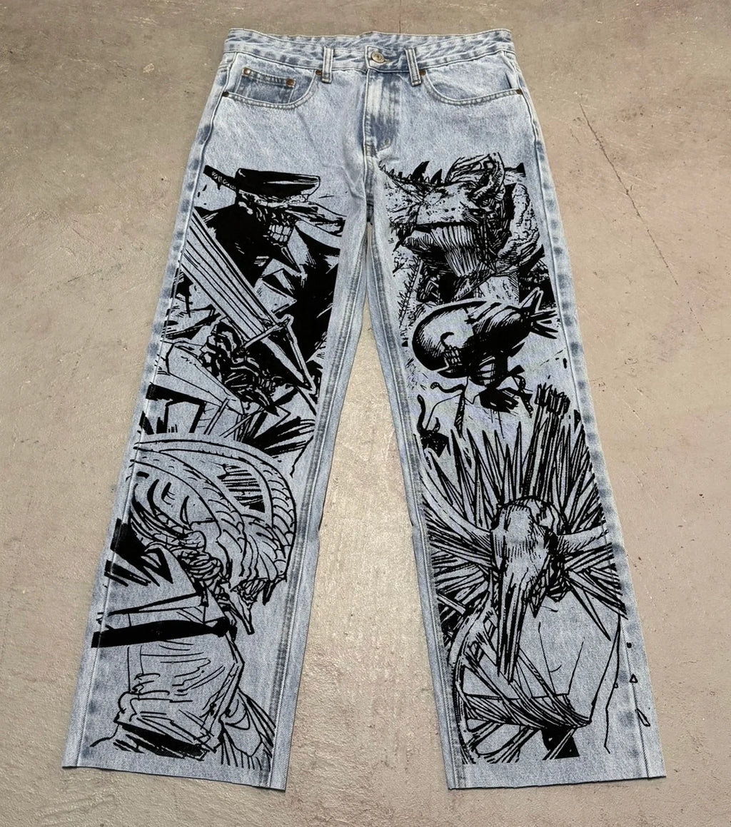 Harajuku Best Jujutsu Comic Jeans Streetwear Wide Leg Trouser Anime Baggy Jean High Waist Pants New Y2k Men Clothing